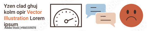 Communication, feedback, emotion analysis, customer reviews, performance evaluation, sentiment scoring. Speedometer, chat bubbles sad face. Communication and feedback concept
