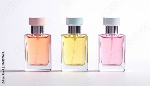 Three miniature perfume bottles in different pastel colors