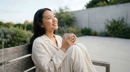 Asian Woman Relaxing with Cup of Coffee in Peaceful Garden
