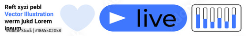 Heart, play button, live text, and equalizer bars illustrating engagement, streaming, multimedia, and interaction. Ideal for social media, video platforms entertainment apps audio services user