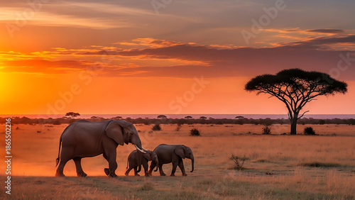 Wide angle view of an elephant family migrating across the savanna during golden hour