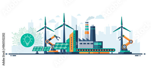 Smart green factory with wind turbines, solar panels, robotic arms, and automated production line, showing renewable energy, clean technology, and sustainable industry