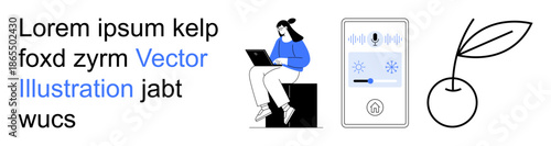 Smart devices, eco-conscious living, remote work, digital technology, modern lifestyles, user interaction. Person using a laptop, a thermostat interface a plant sprout. Smart devices and sustainable