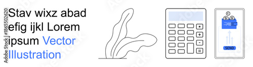 Financial technology, budgeting, user interface, modern apps, productivity, organization. Calculator, plant and mobile app interface displayed in minimalist design. Financial technology