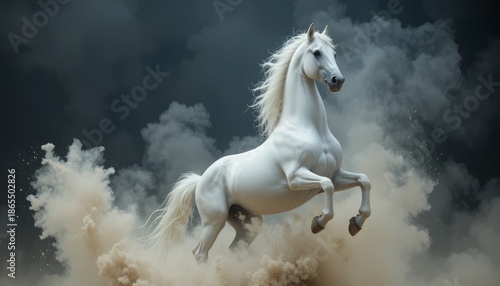 Majestic white horse dramatically rears in a swirl of dust and dark