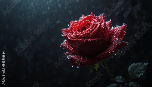 A captivating red rose bloom drenched in morning dew against a shadowy backdrop