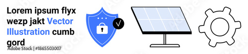 Digital security, energy innovation, tech systems, renewable power, system settings, sustainability. A shield with lock, solar panel and gear icon. Cybersecurity and energy innovation concept