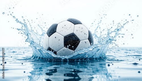 Classic black and white soccer ball creating a refreshing water splash