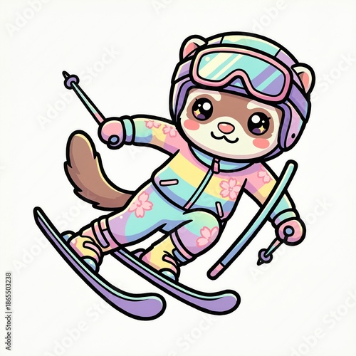 Kawaii ferret skiing fast down the slope in floral pastel winter outfit