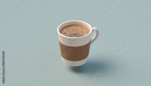 Floating white mug with a brown sleeve holding a warm coffee drink