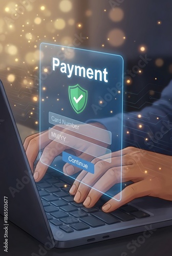 Secure online payment transaction on laptop with virtual confirmation icon, representing fintech, ecommerce checkout, digital banking, and financial technology security
