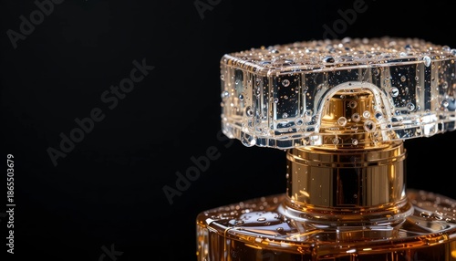 Exquisite fragrance bottle adorned with sparkling water against a dark backdrop