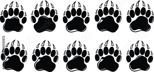 Black bear paw print silhouette set featuring animal track icons with sharp claws for wilderness themes.