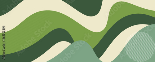 Abstract Organic Green Fluid Background. wide banner featuring fluid, organic shapes in various shades of green and cream