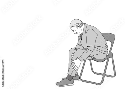 高齢の男性 おじいさんがいずに座って足を撫でているイラスト 全身横向き 横顔