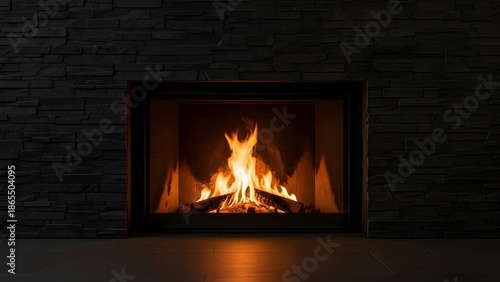 Cozy Modern Fireplace with Burning Logs and Dark Stone Wall in a Contemporary Interior