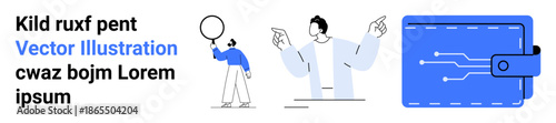 Two abstract human figures gesturing, a figure with a speech bubble, and a digital wallet illustration. Ideal for communication, teamwork, finance, technology, education, consulting simple landing