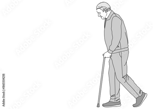 杖をついて歩いている高齢男性 おじいさんのイラスト 全身横向き 横顔