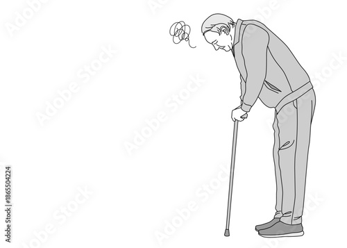 杖をついた高齢の男性 おじいさんが立ち止まって考え込む 悩むイラストともやもやマーク