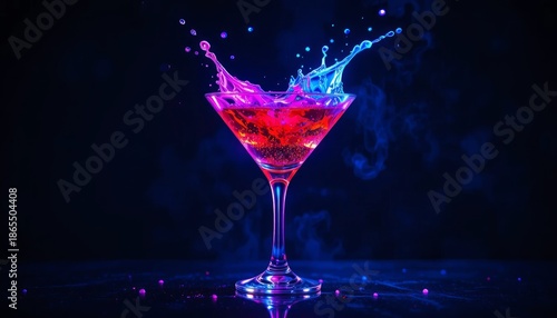 Vibrant Cocktail Splash in a Martini Glass with Dynamic Neon Colors