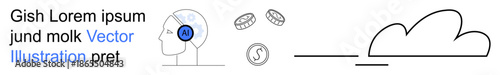 Artificial intelligence, cloud storage, data analysis, futuristic technology, innovation, and cognitive computing. Human head profile with AI symbol, coins and cloud icon. AI and cloud storage
