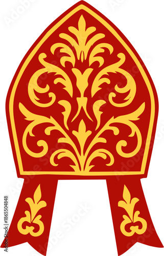 Ornate Red Bishop Mitre with Gold Filigree Floral Pattern and Infulae Ribbons Flat Vector