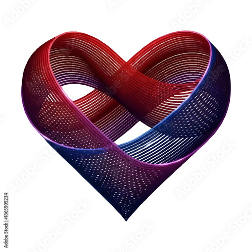 Abstract Heart Shape Formed by Intertwined Red and Blue Ribbon-like Strands on White Background