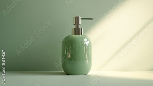 Elegant pastel green ceramic pump dispenser for liquid soap, showcasing minimalist design and modern bathroom aesthetics with natural light and shadow