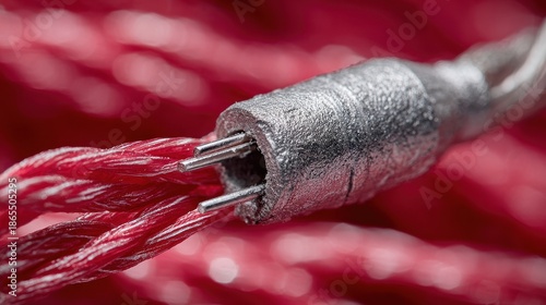 Close-up of Metallic Connector on Red Twisted Electrical Wires