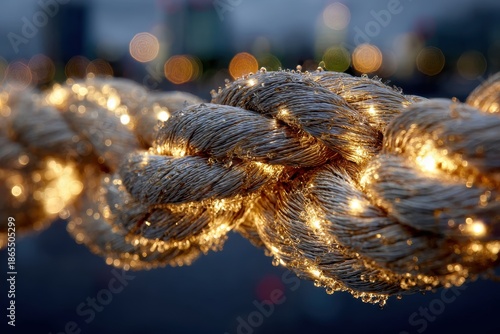 Close-Up of a Twisted Rope with Soft Glowing Lights at Night