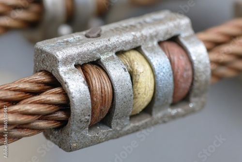Close-Up of Metal Component with Colorful Rings on Steel Cable
