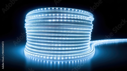 Glowing Blue Light Rope Coiling on Black Background in Dim Light
