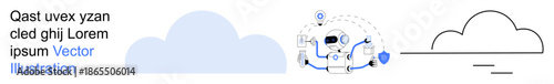 Cloud computing, artificial intelligence, technology innovation, data storage, automation, networking. A cloud icon with a robot and data connections. Cloud computing and artificial intelligence