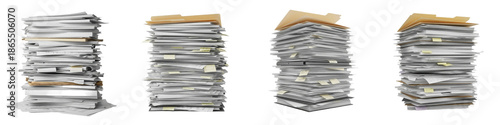 Obraz na płótnie Stacks of Paper Documents Isolated on White Background – Office Workload and Pap