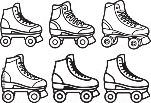 Set of Roller Skate Line Art Illustration, Coloring Book Page Line Art Drawing	