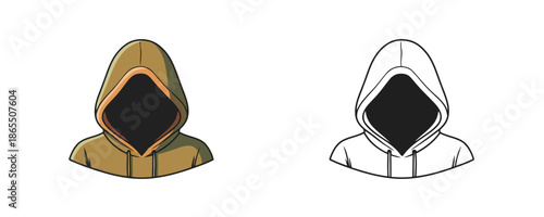 Hooded man figure in comic sketch style with olive brown and black and white colors representing mysterious character for graphic design or concept art on white background
