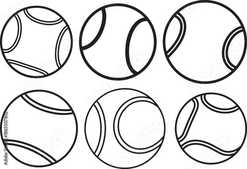Set Of Tennis Ball Line Art Illustration, Coloring Book Page Line Art Drawing	