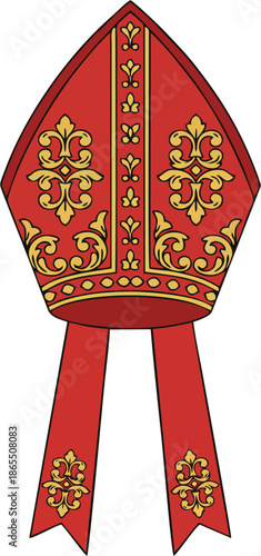 Simple Line Art Red Bishop Mitre Hat with Gold Trim Floral Accents and Ribbons Vector Icon