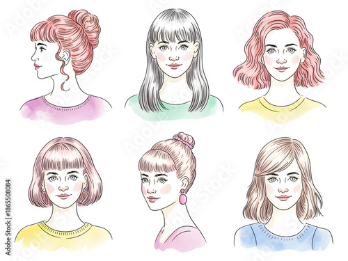Charming diverse women's hairstyles and portraits showcasing various styles and colors for fashion and beauty