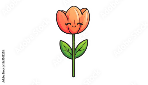 A sticker of a cartoon tulip with an orange bloom and happy face, on a black backdrop