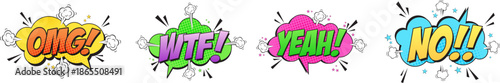 Set of speech bubbles OMG, WTF, YEAH, NO words with halftone effect. Retro empty comic speech bubbles with pop art style