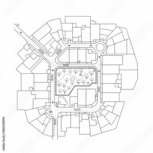 City block plan with park and buildings layout.