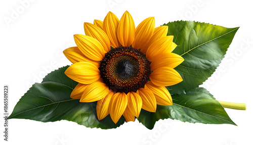 Wallpaper Mural Vibrant yellow sunflower with brown center and large green leaves, isolated on black Torontodigital.ca