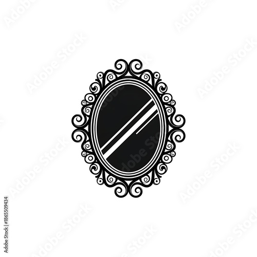 Flat black and white icon of a decorative mirror with rounded frame