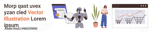 E-commerce, artificial intelligence, financial services, business analytics, technology trends, shopping. A robot holding digital invoices, a graph and a person. E-commerce and AI insights concept