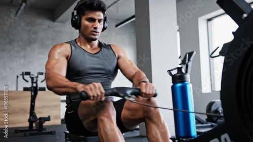 Man Exercising on Rowing Machine.