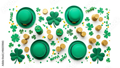 Flat lay of St. Patrick's Day decorations including green hats, shamrocks, and gold coins on a white background with a festive mood.