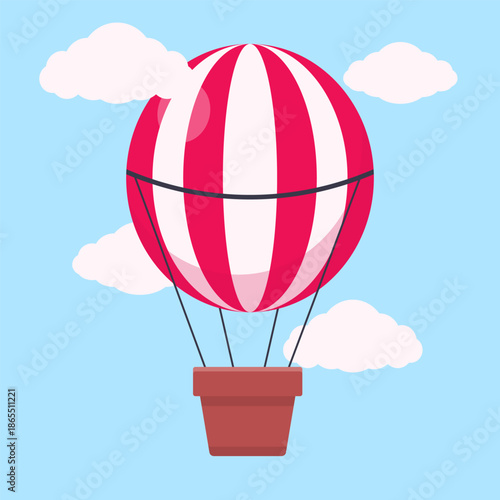 Flat Vector Illustration of Red Hot Air Balloon in Blue Sky
