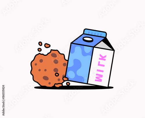 Cute cartoon illustration of a milk carton with a chocolate chip cookie. Perfect for snack time, breakfast themes, kids content, food icons, packaging concepts, and playful designs