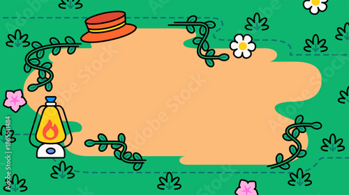 Cute camping themed background illustration with a blank center frame, lantern, hat, vines, and flowers. Ideal for posters, invitations, kids designs, and outdoor festival layouts vector hand drawn